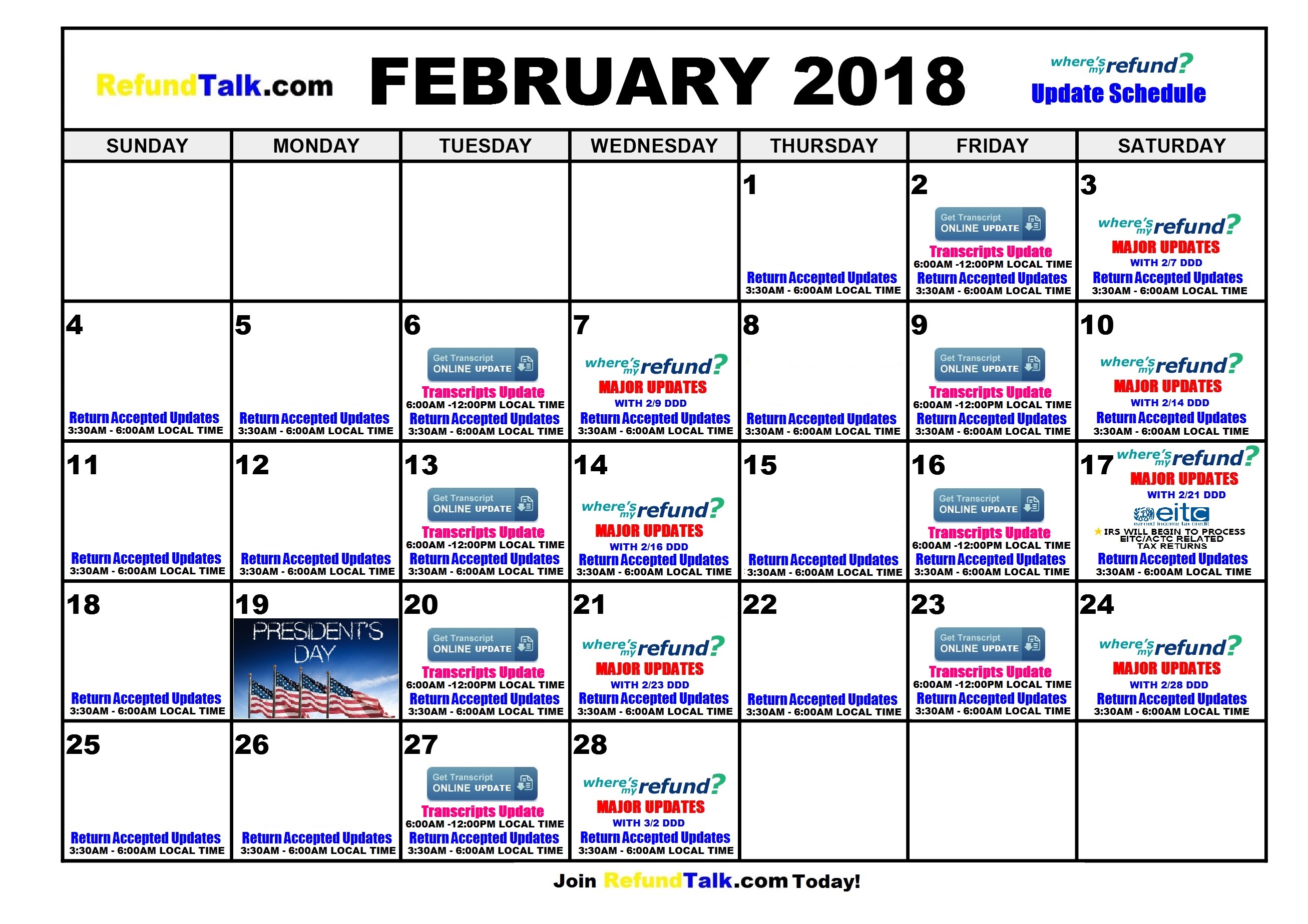 February 2018 IRS Where’s my Refund? Updates Calendar ⋆ RefundTalk.com