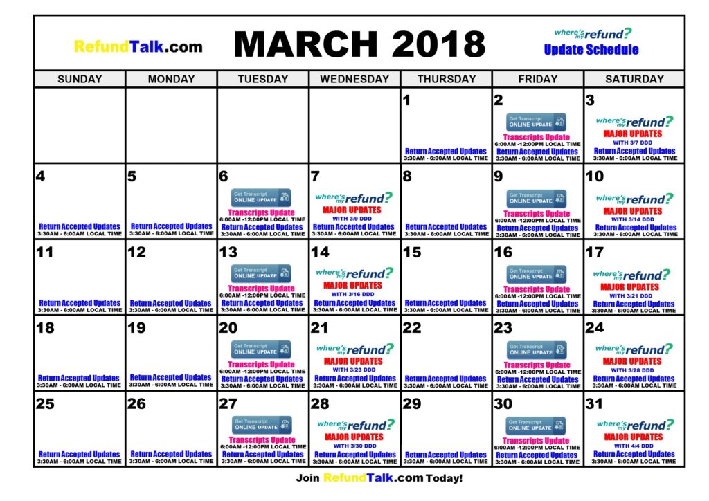 March-2018 IRS Updates Calendar ⋆ Where's my Refund? - Tax News ...