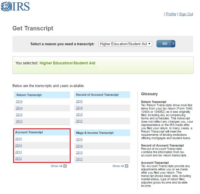 Years Available for IRS tax transcripts