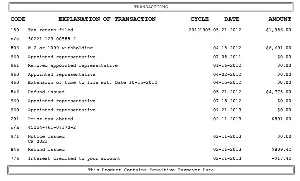 IRS Tax Transcript explanation of transaction section