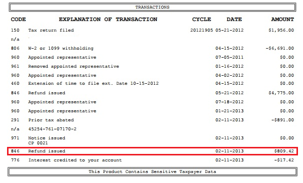 846 refund issued code on IRS Tax Transcript