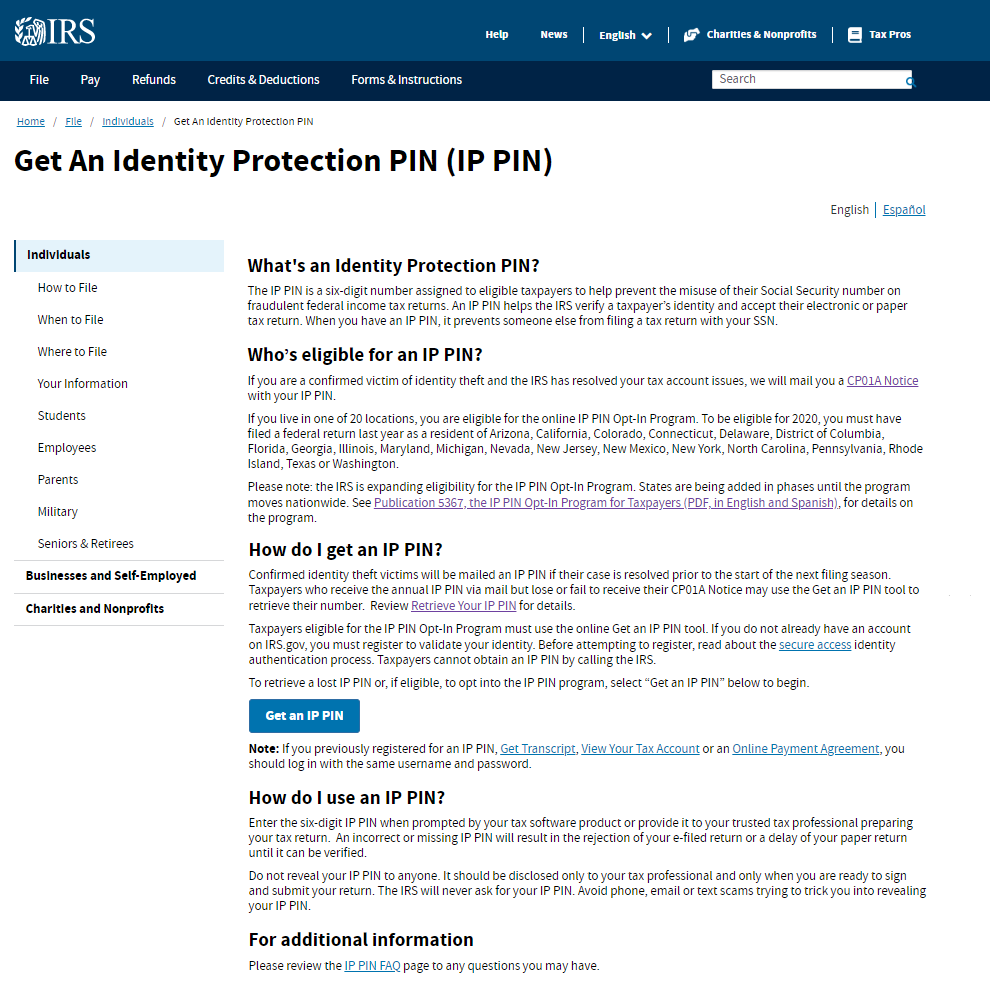 IRS IP PIN 2020 UPdate