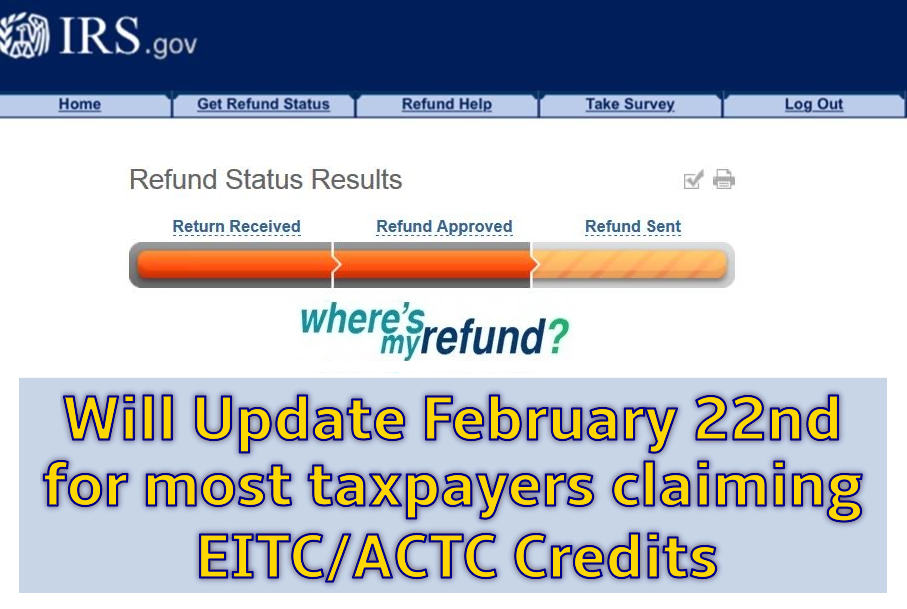 Where's My Refund? will be updated February 22, 2020 for most taxpayers claiming EITC/ACTC credits