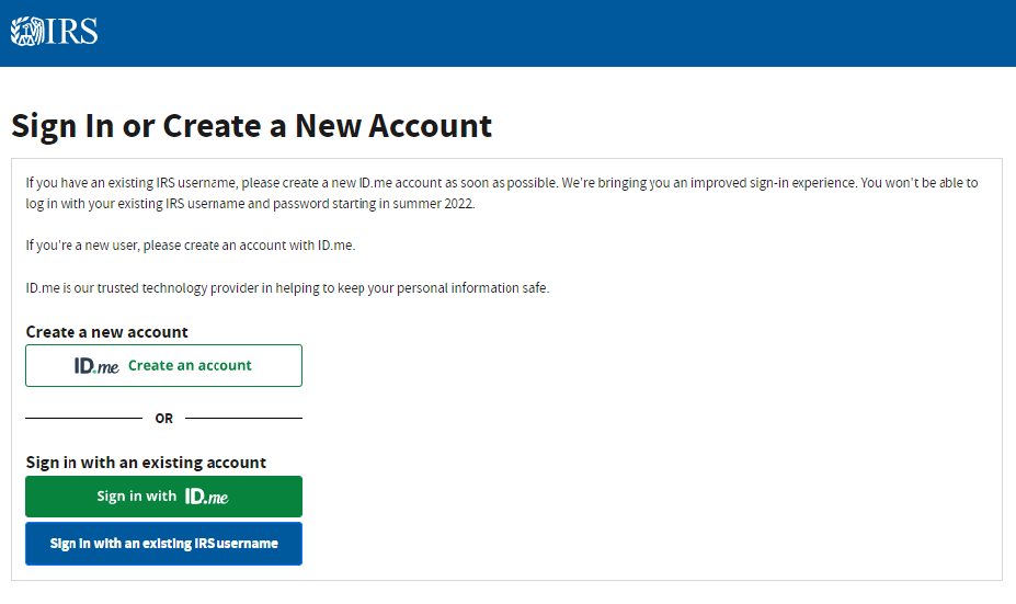 Creating an account with the IRS Online Services