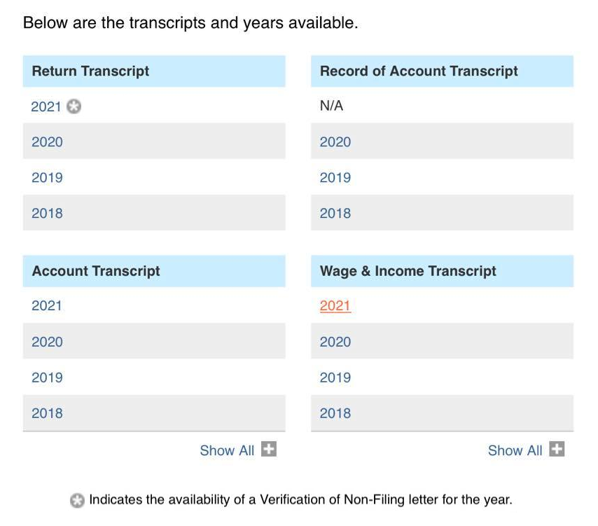 Star on IRS Tax Transcripts