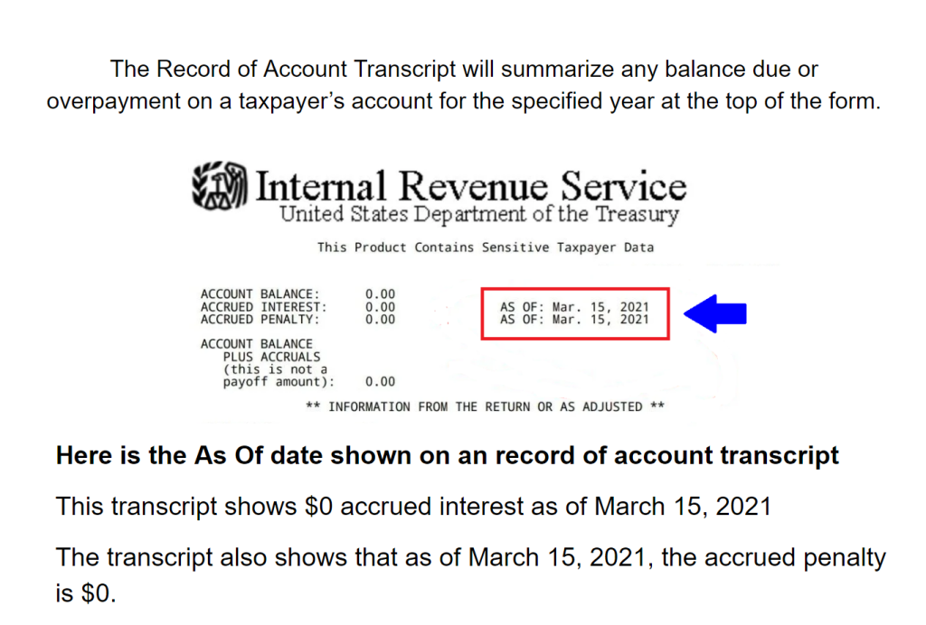 What Is The As Of Date On The Tax Record Of Account Transcripts 