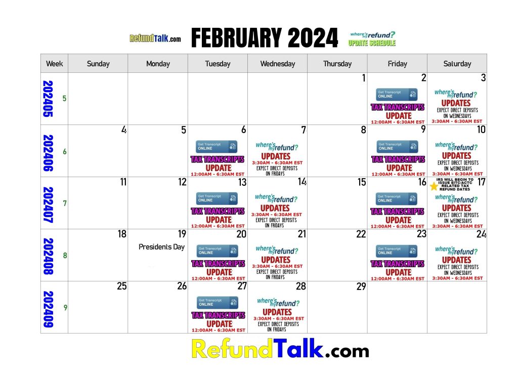 February 2024 IRS Where's My Refund? Calendar