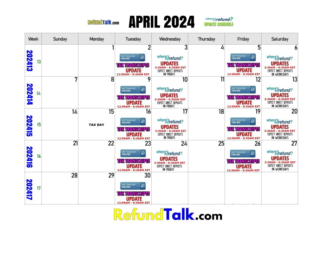 April 2024 IRS Where's My Refund? Calendar